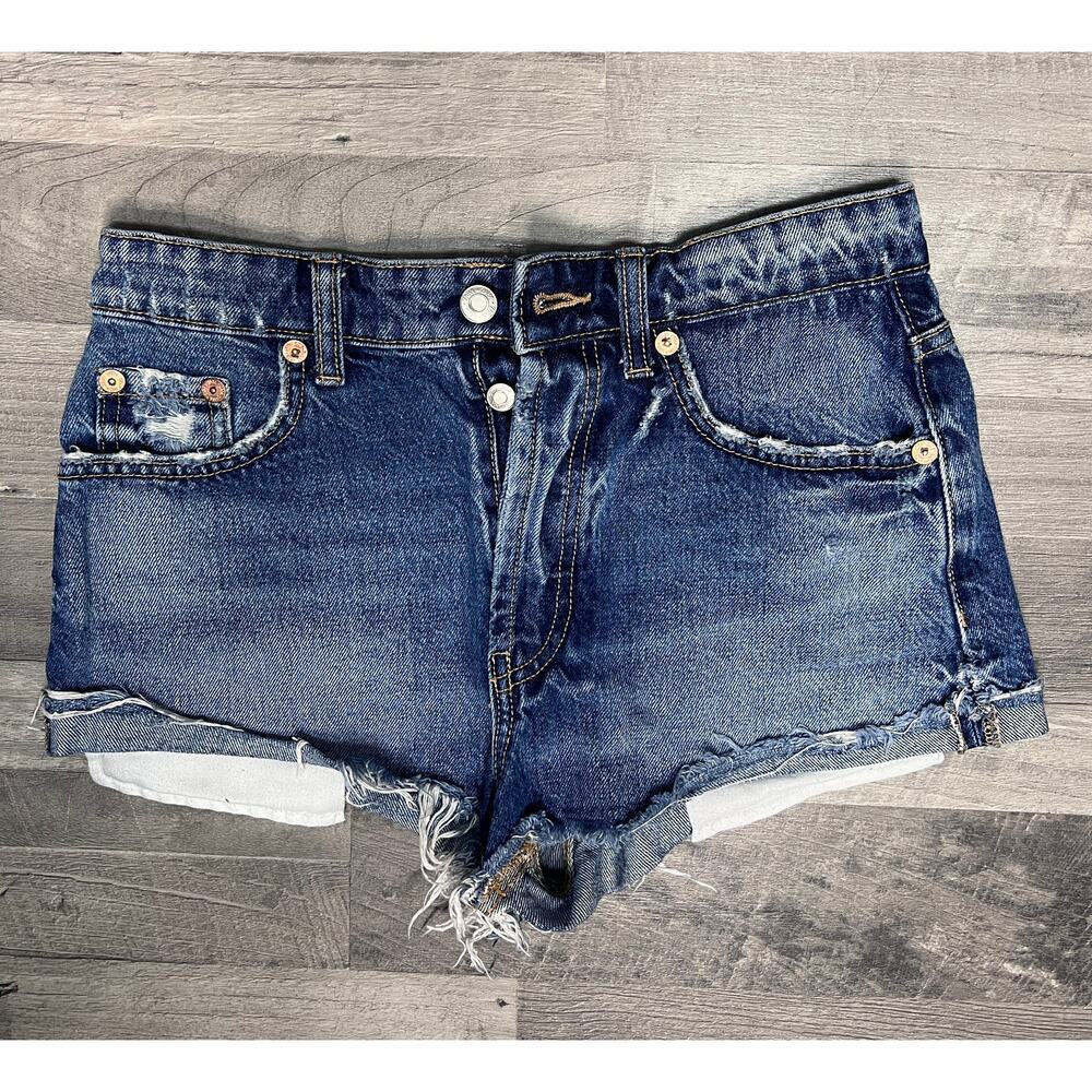 Zara Denim Shorts Women’s 2 Blue Distressed Cutoff Low Rise Raw Hem Jean Shorts